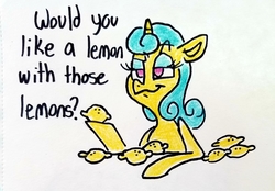 Size: 3024x2106 | Tagged: safe, artist:smirk, lemon hearts, pony, g4, dialogue, food, high res, hoof hold, lemon, lidded eyes, smiling, smirk, traditional art