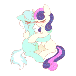 Size: 2650x2650 | Tagged: safe, artist:adostume, bon bon, lyra heartstrings, sweetie drops, earth pony, pony, unicorn, g4, blushing, female, high res, hug, lesbian, ship:lyrabon, shipping, simple background, transparent background