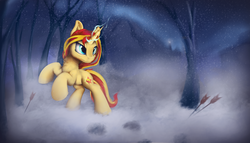 Size: 4212x2405 | Tagged: safe, artist:hitbass, sunset shimmer, pony, unicorn, g4, arrow, female, glowing horn, horn, magic, mare, night, offscreen character, rearing, snow, snowfall, solo, tree