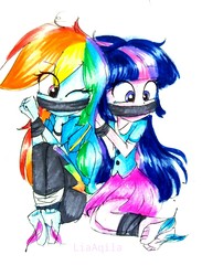 Size: 2322x3180 | Tagged: safe, artist:liaaqila, rainbow dash, sci-twi, twilight sparkle, equestria girls, g4, barefoot, bondage, bound and gagged, clothes, crying, feather, feet, female, fetish, foot fetish, gag, help us, high res, laughing, one eye closed, skirt, tape bondage, tape gag, tears of laughter, teary eyes, tickle torture, tickling, tied up, traditional art