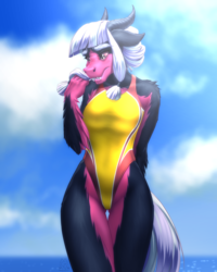Size: 2280x2850 | Tagged: safe, artist:mykegreywolf, oc, oc only, oc:twisted mind, hybrid, anthro, anthro oc, clothes, cloud, commission, cute, digital art, female, high res, high-cut clothing, interspecies offspring, looking away, mare, next generation, offspring, one-piece swimsuit, parent:lord tirek, parent:twilight sparkle, parents:twirek, sky, solo, swimsuit