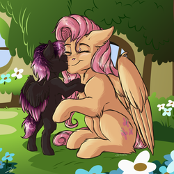 Size: 2000x2000 | Tagged: safe, artist:shimazun, oc, oc:hurricane, pegasus, pony, g4, boop, colt, eyes closed, female, fluttershy's cottage, high res, male, mother and son, next generation, noseboop, offspring, parent:fluttershy, parent:king sombra, parents:sombrashy