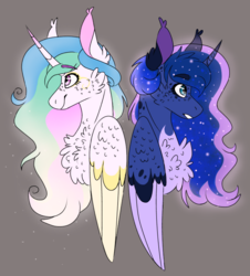 Size: 768x850 | Tagged: safe, artist:wanderingpegasus, princess celestia, princess luna, alicorn, pony, g4, back to back, beige background, cheek feathers, chest fluff, colored eyebrows, colored pinnae, colored wings, curved horn, duo, ear tufts, ethereal mane, eyebrows, eyebrows visible through hair, facial markings, female, fluffy, freckles, half body, horn, mare, multicolored wings, pale belly, simple background, wings