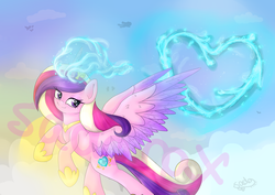 Size: 1280x905 | Tagged: safe, artist:sadonax, princess cadance, alicorn, pony, g4, female, flying, glowing horn, heart, heart eyes, horn, magic, mare, obtrusive watermark, silhouette, smiling, solo focus, watermark, wingding eyes