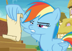 Size: 707x508 | Tagged: safe, screencap, rainbow dash, g4, grannies gone wild, animated, female, gif, reading, scroll, wing hands, wing hold, wings