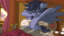 Size: 4800x2700 | Tagged: safe, artist:latecustomer, oc, oc only, oc:nightshade (pegasus), pegasus, pony, armpits, bedroom, commission, cute, morning ponies, solo, stretching, waking up