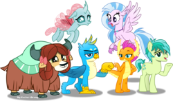 Size: 6480x3820 | Tagged: safe, artist:vector-brony, gallus, ocellus, sandbar, silverstream, smolder, yona, changedling, changeling, classical hippogriff, dragon, earth pony, griffon, hippogriff, pony, yak, g4, school daze, absurd resolution, cloven hooves, dragoness, female, fist bump, flying, jewelry, male, monkey swings, necklace, simple background, stallion, student six, teenager, transparent background, transparent wings, vector