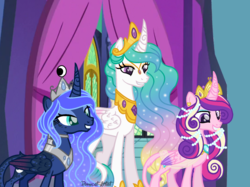 Size: 1024x764 | Tagged: safe, artist:ponycat-artist, princess cadance, princess celestia, princess luna, pony, g4, alicorn triarchy, alternate design, base used, colored wings, colored wingtips, concave belly, crown, curved horn, digital art, female, folded wings, gradient wings, height difference, horn, jewelry, long mane, looking forward, mare, necklace, peytral, regalia, signature, slender, standing, thin, trio, wings