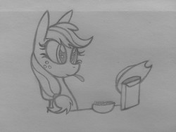 Size: 3264x2448 | Tagged: safe, artist:poorlydrawnpony, applejack, earth pony, pony, g4, applejack's hat, cereal, cowboy hat, female, food, hat, high res, monochrome, solo, traditional art