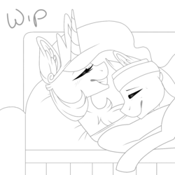 Size: 1000x1000 | Tagged: safe, artist:melodytheartpony, princess celestia, oc, alicorn, earth pony, pony, g4, canon x oc, couch, cuddling, cute, duo, female, happy, lineart, mare, monochrome, wip