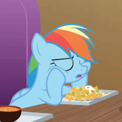 Size: 509x508 | Tagged: safe, screencap, rainbow dash, pegasus, pony, g4, grannies gone wild, season 8, animated, chips, cropped, cute, dashabetes, faceplant, female, floppy ears, food, frustrated, gif, madorable, mare, nachos, solo, soup
