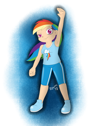 Size: 1024x1365 | Tagged: safe, artist:roxenmaratoun, rainbow dash, human, g4, abstract background, armpits, cutie mark on clothes, female, humanized, looking at you, solo, sports shorts