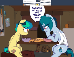 Size: 1769x1362 | Tagged: safe, artist:shinodage, oc, oc only, oc:apogee, oc:delta vee, pegasus, pony, ask, blatant lies, boop o' roops, cereal, clothes, cutie mark, delta vee's junkyard, dialogue, duo, eating, female, filly, food, freckles, heresy, mare, mother and daughter, pineapple, pineapple pizza, pizza, poster, pure unfiltered evil, sitting, speech bubble, table, tumblr, unamused