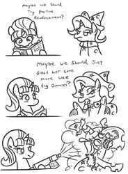 Size: 804x1090 | Tagged: safe, artist:jargon scott, queen chrysalis, starlight glimmer, trixie, changeling, changeling queen, pony, unicorn, g4, abuse, accessory swap, black and white, book, bug blast, bug spray, chrysabuse, comic, crying, dialogue, disguise, disguised changeling, duo, fake pony, female, frown, glare, grayscale, hoof hold, lidded eyes, mare, monochrome, open mouth, pesticide, punish the villain, reading, simple background, sitting, snot, starlight vs chrysalis, teary eyes, tongue out, underhoof, voice actor joke, white background, wide eyes