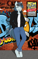 Size: 2162x3405 | Tagged: safe, artist:xwhitedreamsx, oc, oc only, earth pony, anthro, unguligrade anthro, advertisement, clothes, cologne, graffiti, hand in pocket, handsome, high res, jacket, leather jacket, male, pants, poster, sunglasses