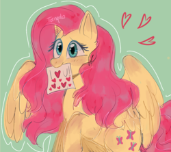 Size: 1089x967 | Tagged: safe, artist:cherixq, fluttershy, pegasus, pony, g4, blushing, bronybait, cute, female, heart, looking at you, love note, mare, mouth hold, note, raised hoof, shyabetes, solo, spread wings, wings