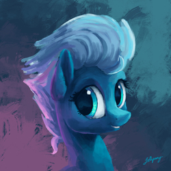Size: 1500x1500 | Tagged: safe, artist:lollipony, night glider, pegasus, pony, g4, abstract background, bust, cute, female, glideabetes, grin, looking at you, mare, portrait, smiling, solo