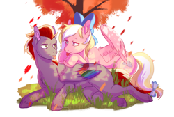 Size: 1791x1205 | Tagged: safe, artist:defelicot, oc, oc only, oc:bay breeze, oc:mahx, pegasus, pony, bahx, bow, couple, cute, female, grass, hair bow, looking at each other, lying down, male, straight, tail bow, tongue out, tree, ych result
