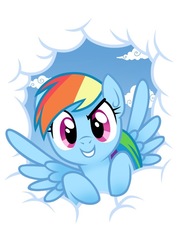 Size: 723x1024 | Tagged: safe, artist:anjila, rainbow dash, pegasus, pony, g4, cloud, cute, dashabetes, female, looking at you, mare, sky, solo, spread wings, wings
