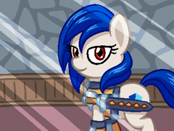 Size: 800x600 | Tagged: safe, artist:rangelost, oc, oc only, oc:sapphire kite, earth pony, pony, cyoa:d20 pony, armor, beige coat, blue mane, blue tail, boots, colored, crepuscular rays, cyoa, description is relevant, female, mare, pixel art, red eyes, scabbard, shoes, solo, story included, sword, tail, weapon
