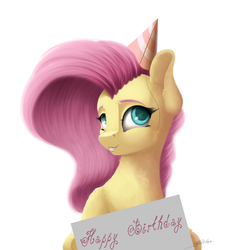 Size: 3000x3000 | Tagged: safe, artist:skitsroom, fluttershy, pony, g4, birthday, cute, female, hat, high res, mare, party hat, shyabetes, sign, simple background, smiling, solo, white background