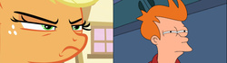 Size: 1204x338 | Tagged: safe, screencap, applejack, g4, grannies gone wild, my little pony: friendship is magic, comparison, exploitable meme, futurama, male, meme, not sure if, philip j. fry