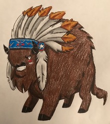 Size: 2619x2960 | Tagged: safe, artist:bozzerkazooers, chief thunderhooves, bison, buffalo, g4, cloven hooves, high res, male, simple background, solo, traditional art, war paint, white background