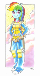 Size: 868x1649 | Tagged: safe, artist:tonyfleecs, rainbow dash, equestria girls, clothes, cloud, commission, converse, female, hand on waist, hands on waist, ink, jumpsuit, looking at you, markers, parachute, shoes, sneakers, solo, traditional art