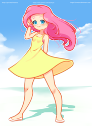 Size: 1152x1584 | Tagged: safe, artist:drantyno, fluttershy, human, g4, clothes, cloud, colored pupils, cute, dress, female, flattershy, humanized, shyabetes, smiling, solo, wind, yellow dress