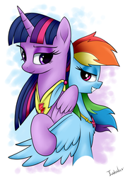 Size: 2480x3507 | Tagged: safe, artist:twidasher, rainbow dash, twilight sparkle, alicorn, pegasus, pony, g4, abstract background, blue feather, duo, element of loyalty, element of magic, female, grin, high res, lesbian, looking at each other, mare, ship:twidash, shipping, simple background, smiling, twilight sparkle (alicorn)