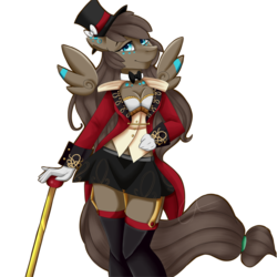 Size: 1024x1024 | Tagged: safe, artist:crecious, oc, oc only, pegasus, anthro, anthro oc, bowtie, breasts, cane, cleavage, clothes, digital art, female, floating wings, garter belt, garters, gloves, hat, mare, simple background, smiling, solo, stockings, thigh highs, top hat, transparent background