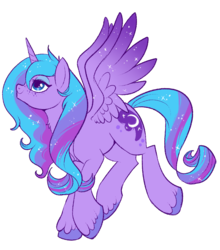 Size: 850x967 | Tagged: safe, artist:lulubell, princess luna, alicorn, pony, g4, alternate color palette, alternate design, colored hooves, colored wings, female, freckles, freckluna, gradient wings, looking up, recolor, simple background, solo, sparkly mane, sparkly tail, sparkly wings, spread wings, tail, toy interpretation, transparent background, unshorn fetlocks, wings