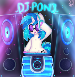 Size: 3400x3500 | Tagged: safe, artist:bunxl, dj pon-3, vinyl scratch, pony, unicorn, g4, belly button, ethereal mane, female, headphones, high res, mare, solo, starry mane, starry tail, sunglasses, tail, turntable