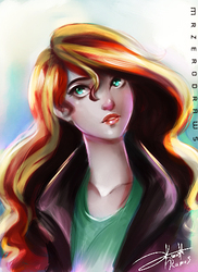 Size: 349x480 | Tagged: safe, artist:bunsogen, sunset shimmer, human, g4, anatomically incorrect, are you frustrated?, clothes, female, humanized, jacket, leather jacket, long neck, signature, solo