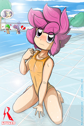 Size: 1000x1500 | Tagged: safe, artist:ryured, rarity, scootaloo, spike, sweetie belle, human, g4, clothes, female, heartbreak, human spike, humanized, male, one-piece swimsuit, swimming pool, swimsuit, thought bubble, wet