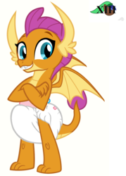 Size: 1144x1600 | Tagged: safe, artist:cheezedoodle96, artist:mlpcutepic, edit, vector edit, smolder, dragon, g4, school daze, crossed arms, diaper, diaper edit, diaper fetish, dragoness, female, fetish, happy, looking at you, non-baby in diaper, poofy diaper, simple background, smiling, smolder in diaper, solo, white background