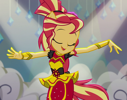 Size: 1360x1069 | Tagged: safe, screencap, sunset shimmer, dance magic, equestria girls, equestria girls specials, g4, alternate hairstyle, beautiful, clothes, cute, dance magic (song), dancing, eyes closed, female, flamenco dress, ponied up, shimmerbetes, skirt, smiling, solo, sunset shimmer flamenco dress