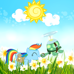 Size: 960x960 | Tagged: safe, rainbow dash, tank, pegasus, pony, g4, official, cloud, eyes closed, female, flower, flying, goggles, grass, mare, nuzzling, saddle bag, sky, solo, sun