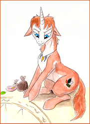 Size: 600x831 | Tagged: safe, artist:veda, oc, oc only, pony, unicorn, furryguys, magic, magic circle, ponified, simple background, solo, traditional art, watercolor painting