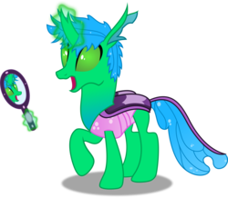 Size: 3000x2614 | Tagged: safe, artist:mlp-scribbles, oc, oc only, oc:flik, changedling, changeling, changedling oc, colorful, high res, mirror, simple background, solo, surprised, transparent background