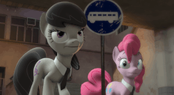 Size: 640x351 | Tagged: safe, artist:fishimira, octavia melody, pinkie pie, earth pony, pony, g4, 3d, animated, behaving like a chicken, bus station, clock, cutie mark, female, gray tail, grey hair, hair, hand, looking down, looking up, mare, necktie, pink hair, pink tail, rubber fist, source filmmaker, suddenly hands, tail, waiting, wat, watch, window