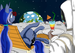 Size: 1024x724 | Tagged: dead source, safe, artist:egkonprod, princess luna, alicorn, human, pony, g4, alternate hairstyle, astronaut, duo, earth, luna and the nauts, moon, on the moon, ponytail, spacesuit, sunglasses