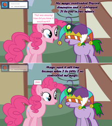 Size: 1280x1444 | Tagged: safe, artist:hakunohamikage, pinkie pie, oc, oc:laughter, pony, ask-princesssparkle, g4, ask, hat, jester hat, tumblr