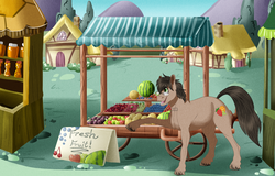 Size: 1250x798 | Tagged: safe, artist:bijutsuyoukai, oc, oc only, oc:fruitsallad, earth pony, pony, apple, food, fruit, glasses, grapes, male, ponyville, solo, stallion, watermelon
