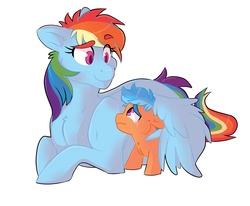 Size: 1700x1400 | Tagged: safe, artist:canisrettmajoris, rainbow dash, oc, oc:quick-witt, pegasus, pony, g4, colt, crying, duo, female, hug, looking at each other, lying down, male, mare, momma dash, mother and son, offspring, parent:quibble pants, parent:rainbow dash, parents:quibbledash, raised eyebrow, simple background, smiling, thick eyebrows, white background, winghug
