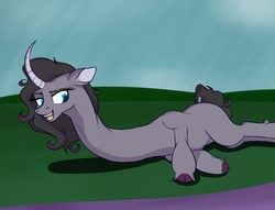 Size: 1280x978 | Tagged: safe, artist:astr0zone, oleander (tfh), pony, unicorn, them's fightin' herds, community related, female, impossibly long neck, long neck, lying down, necc, on side, solo, tall, unshorn fetlocks
