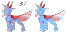 Size: 3800x1900 | Tagged: safe, artist:canisrettmajoris, oc, oc only, oc:orion, hybrid, changeling hybrid, fangs, horns, looking back, male, next generation, parent:pharynx, parent:trixie, simple background, solo, unshorn fetlocks, white background