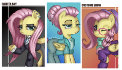 Size: 2973x1695 | Tagged: safe, artist:theprince, fluttershy, pegasus, pony, fake it 'til you make it, abstract background, clothes, ear piercing, earring, eyeshadow, female, fluttergoth, glasses, hat, hipstershy, jewelry, lidded eyes, makeup, mare, one eye closed, piercing, raised leg, scarf, severeshy, triality, wink