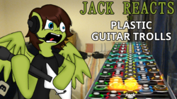 Size: 1280x720 | Tagged: safe, artist:phonicb∞m, oc, oc only, pegasus, pony, bipedal, clothes, controller, discord (program), guitar, guitar hero, guitar hero controller, headphones, headset, jack reacts, jack t. herbert, jacktherbert, musical instrument, rhythm game, screaming, shirt, stars, t-shirt, video game