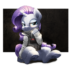 Size: 2388x2183 | Tagged: safe, artist:theprince, rarity, pony, unicorn, g4, abstract background, canada, canadian flag, clothes, crossover, cute, female, frog (hoof), frost (r6s), high res, jacket, lidded eyes, mare, rainbow six, rainbow six siege, sitting, smiling, solo, underhoof
